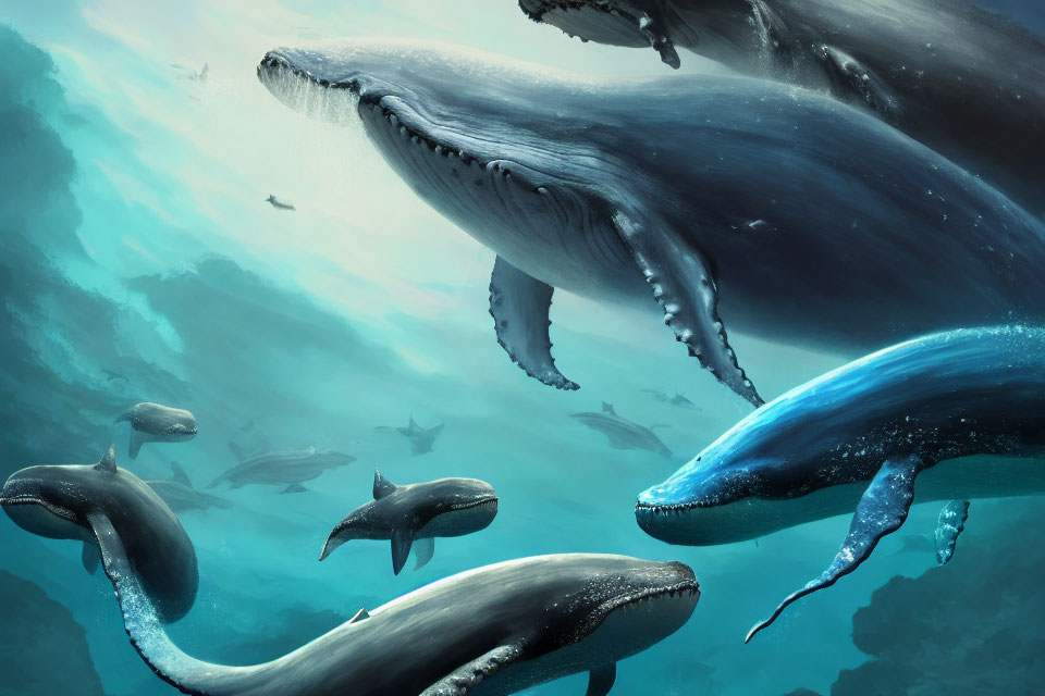 Majestic whales in serene underwater scene with smaller fish
