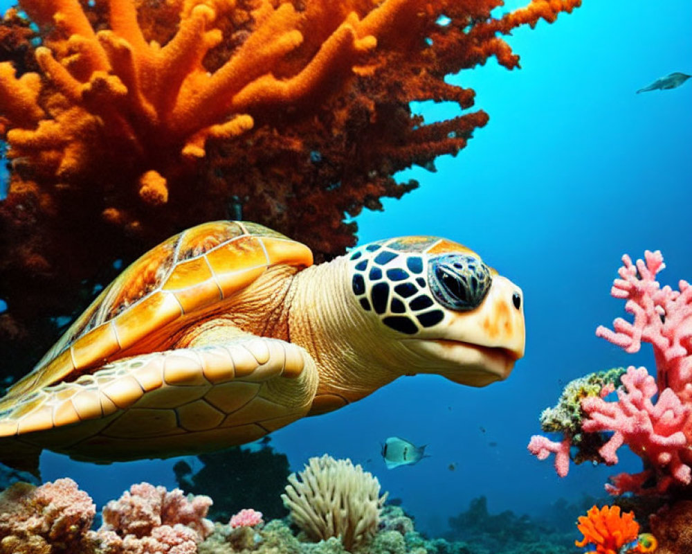 Sea Turtle Swimming Among Vibrant Coral Reefs and Small Fish