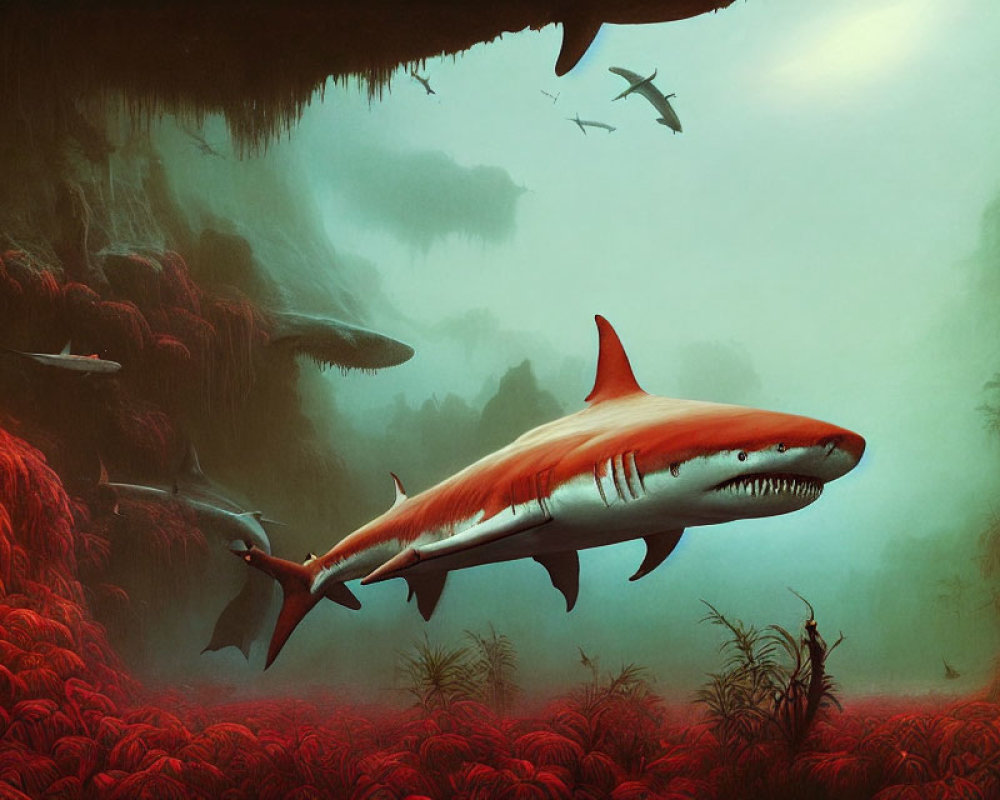 Surreal underwater scene with sharks, red flora, and birds in misty green environment