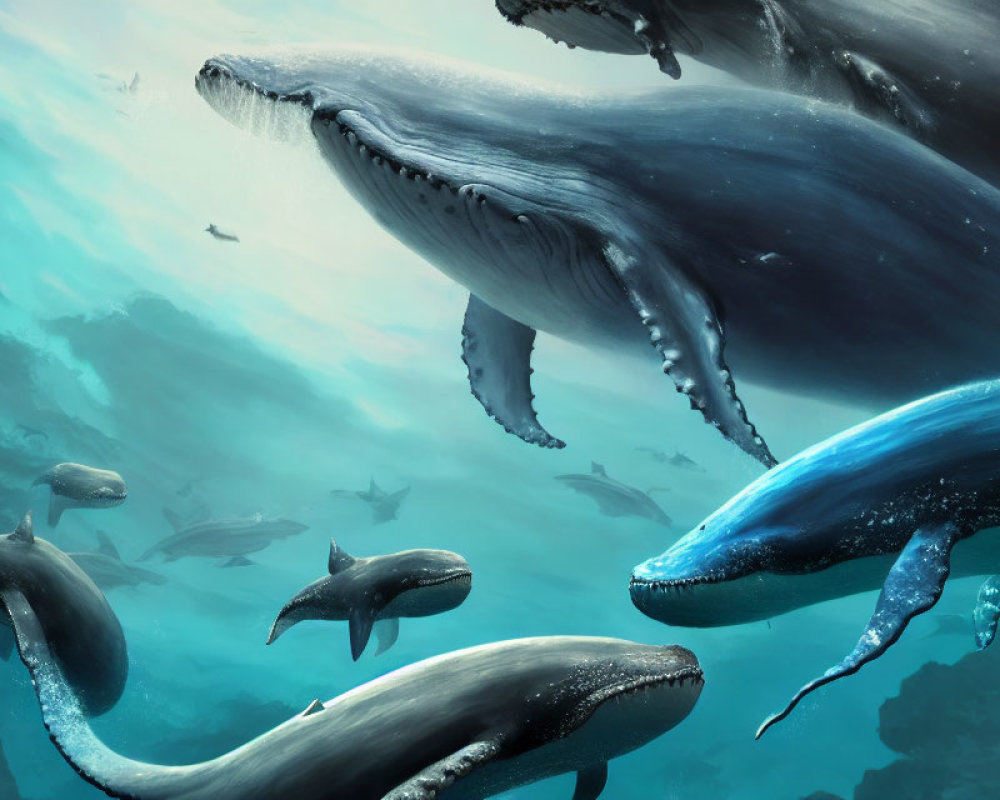 Majestic whales in serene underwater scene with smaller fish