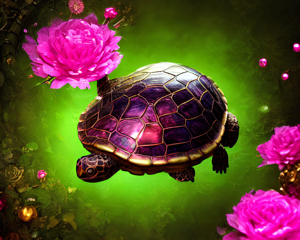 Colorful digital artwork: Turtle with purple shell in lush greenery & pink flowers.