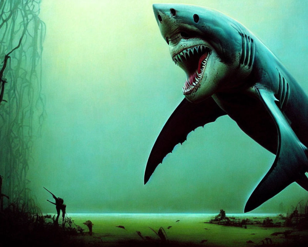 Surreal painting: Large shark, open mouth, serene underwater landscape