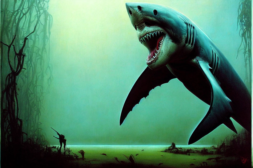 Surreal painting: Large shark, open mouth, serene underwater landscape