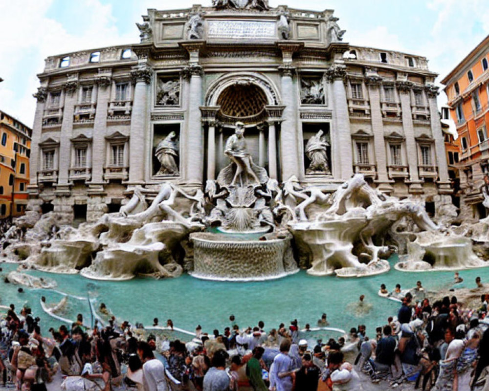 Historic Fountain Surrounded by Tourists and Ornate Buildings in Blue Sky