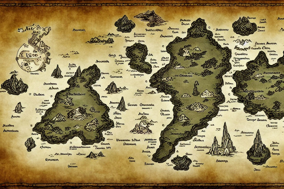 Detailed antique-style fantasy map with labeled lands, coastlines, and sea monsters