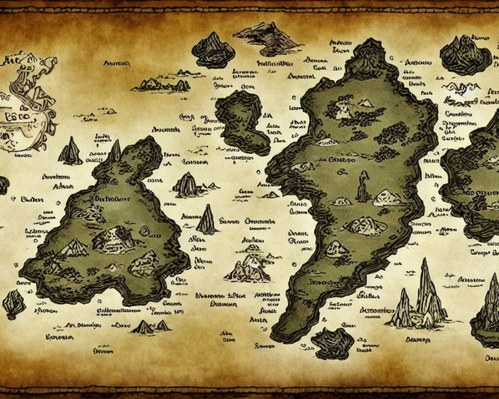 Detailed antique-style fantasy map with labeled lands, coastlines, and sea monsters