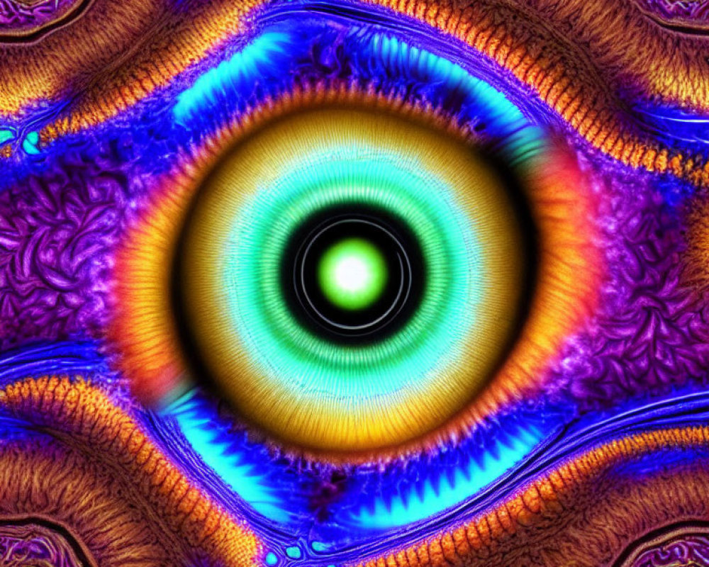 Colorful fractal image of eye-like design with intricate blue, orange, and purple patterns