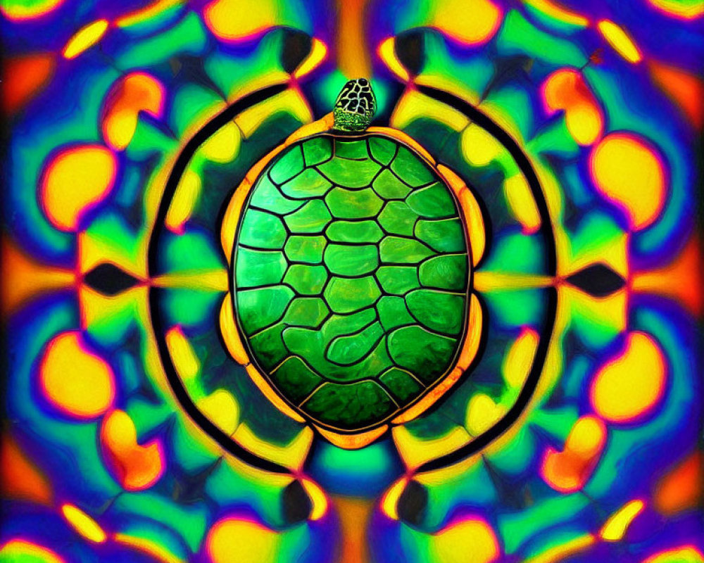Colorful Turtle with Green Patterned Shell on Kaleidoscopic Background