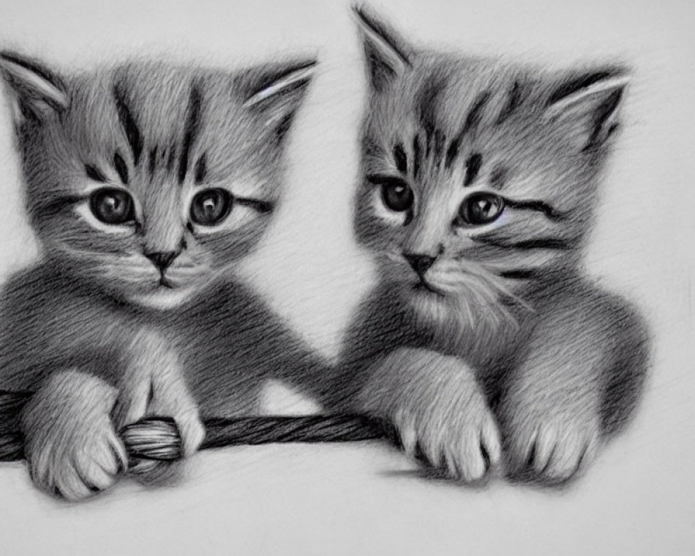 Two adorable kittens in pencil sketch with striking eyes and fluffy fur