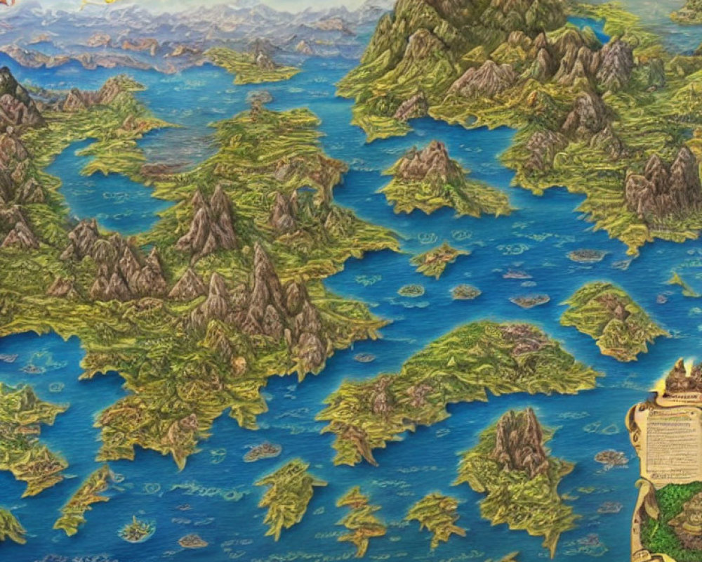 Fantasy map of vast archipelago with islands, mountains, and blue sea