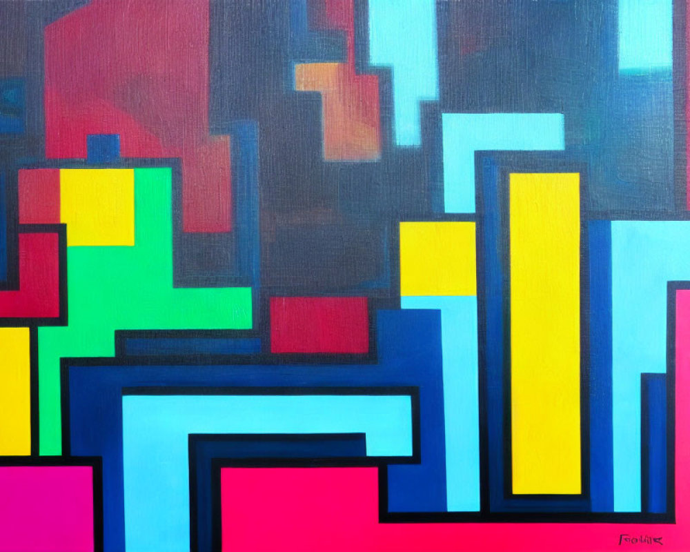Vibrant abstract geometric painting with bold blue, yellow, pink, and teal shapes on muted backdrop