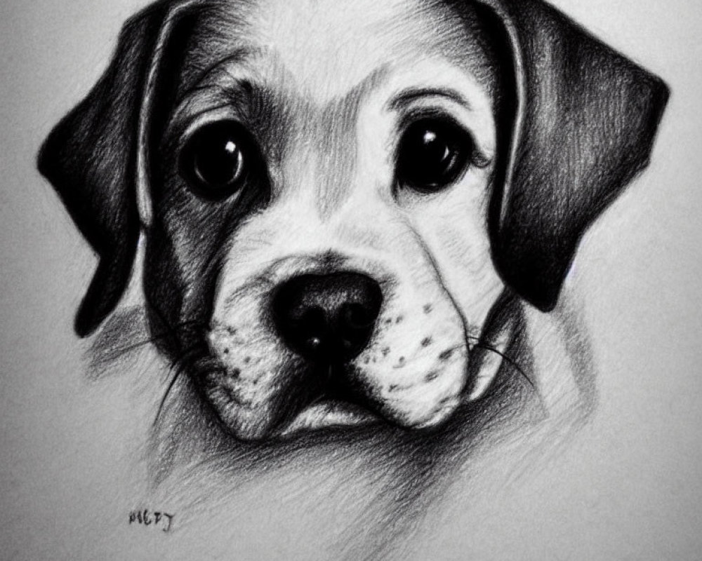 Detailed pencil sketch of a puppy with expressive eyes, floppy ears, and patterned snout