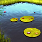Tranquil pond with green lily pads and lush vegetation under yellow light