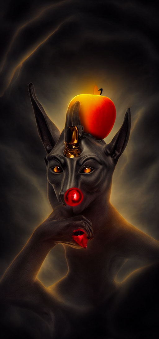 Surreal humanoid figure with black canine head and melting wax apple