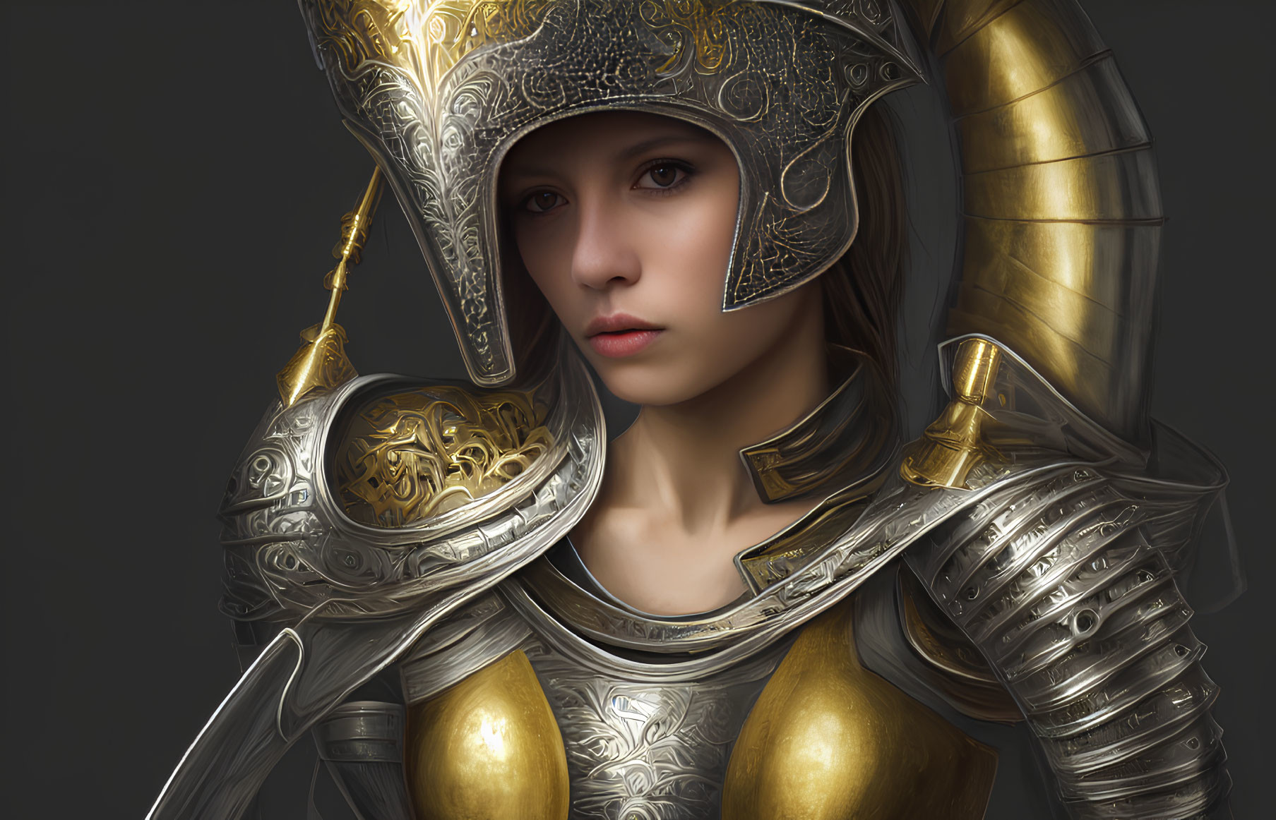 Medieval woman in ornate armor with gold filigree helmet.