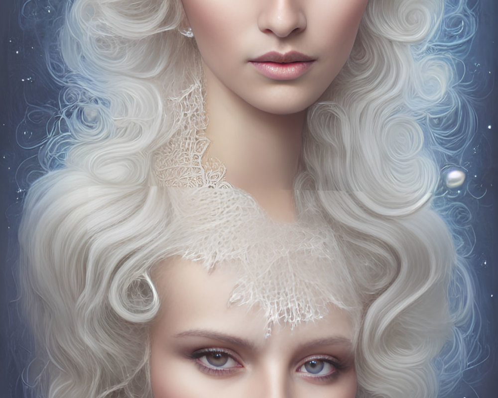 Two women with pale skin, blue eyes, and white hair on blue backdrop with pearls