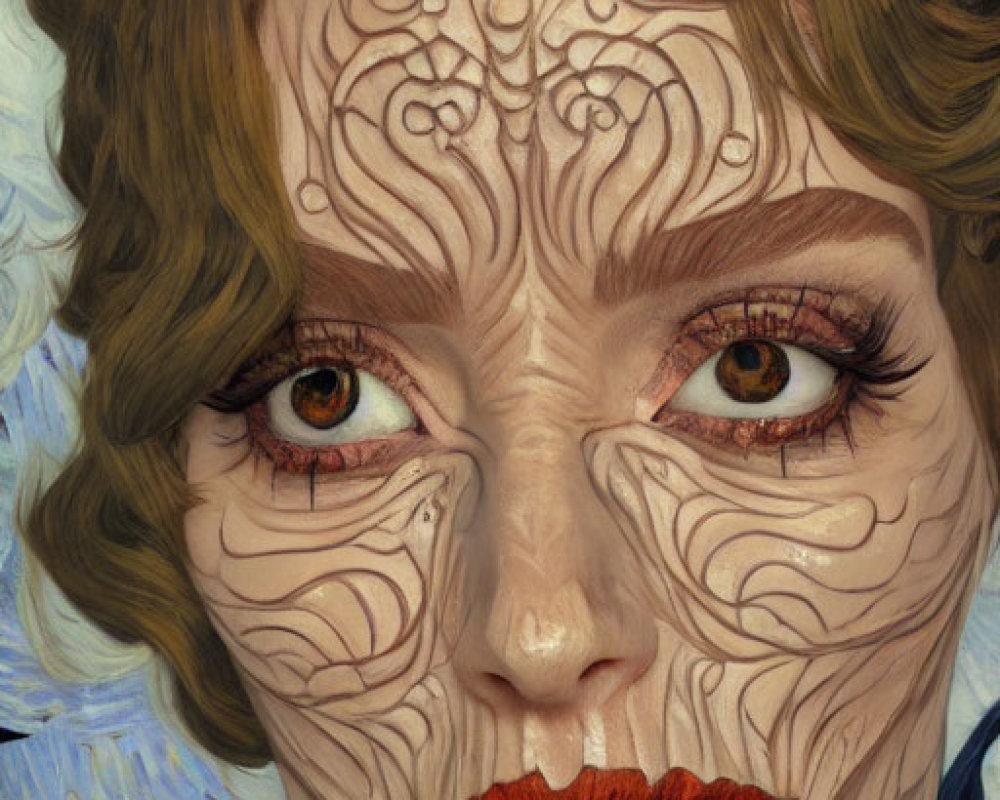 Woman with Halloween makeup resembling "Starry Night" by Van Gogh, swirl patterns, red lips