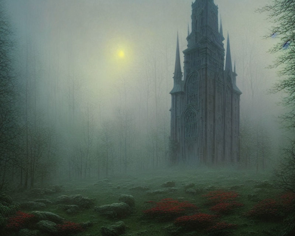 Gothic cathedral in foggy forest with red flowers