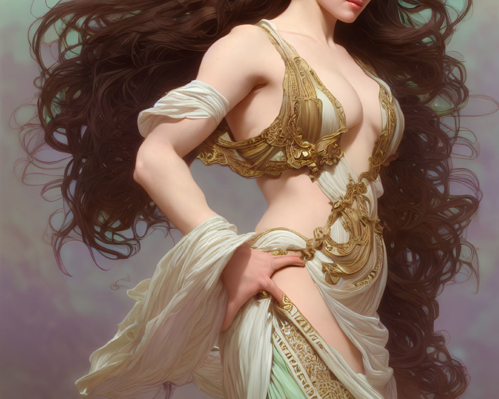 Digital Artwork: Woman with Dark Hair in Fantasy White & Gold Outfit