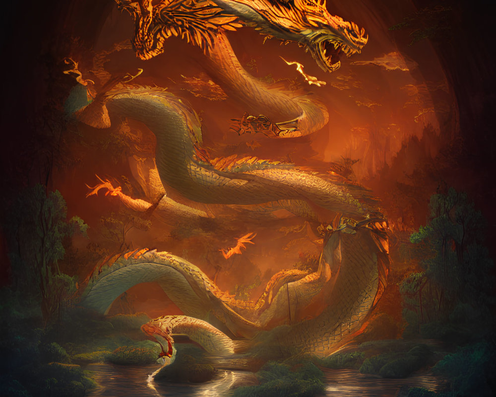 Golden dragon with horned head flying over fiery forest with smaller dragons and stream