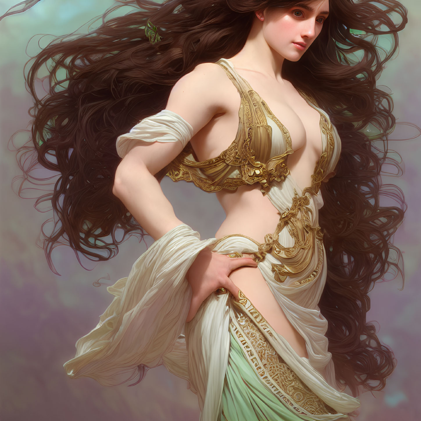 Digital Artwork: Woman with Dark Hair in Fantasy White & Gold Outfit