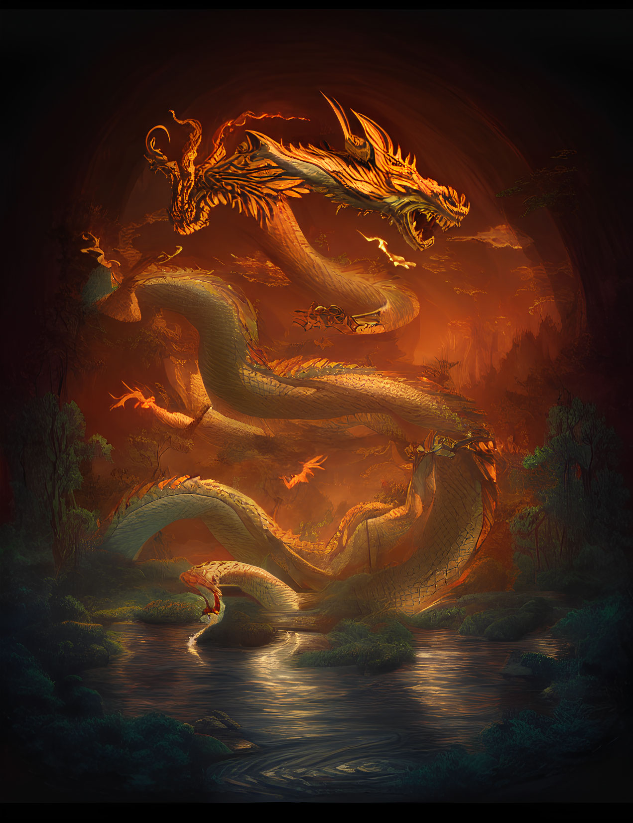 Golden dragon with horned head flying over fiery forest with smaller dragons and stream