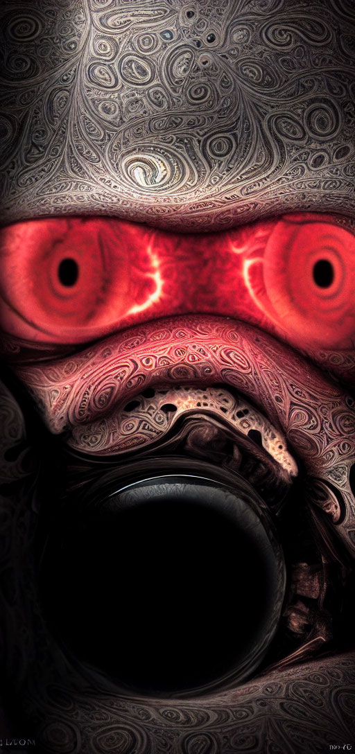Surrealist image featuring intense red eyes and dark maw framed by ornate patterns