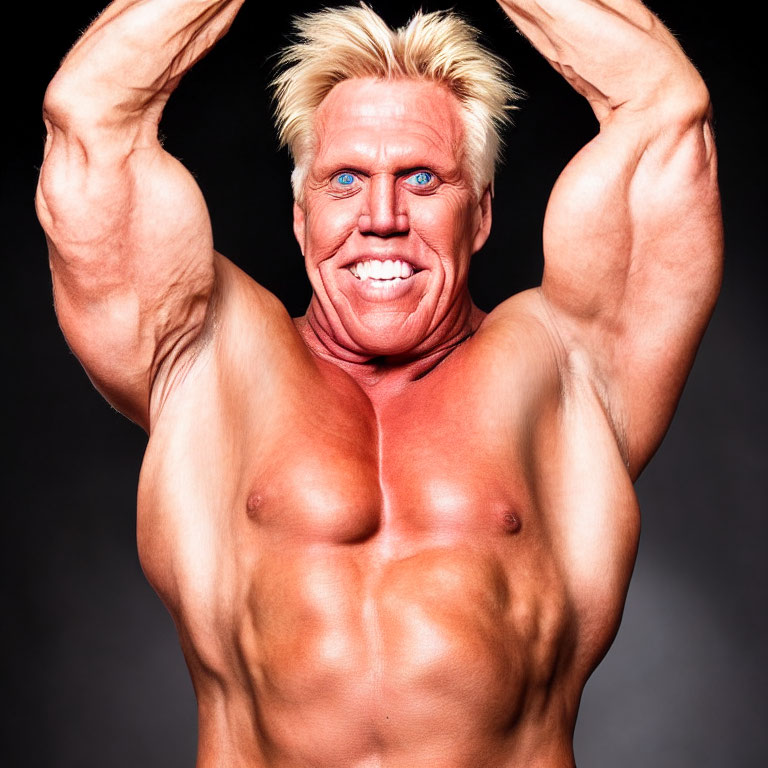 Blond muscular man flexing biceps on dark background