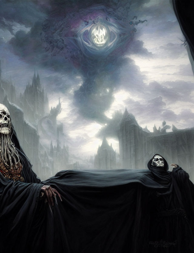 Dark fantasy artwork: Robed figure with skull face, swirling vortex, gothic castle in gloomy
