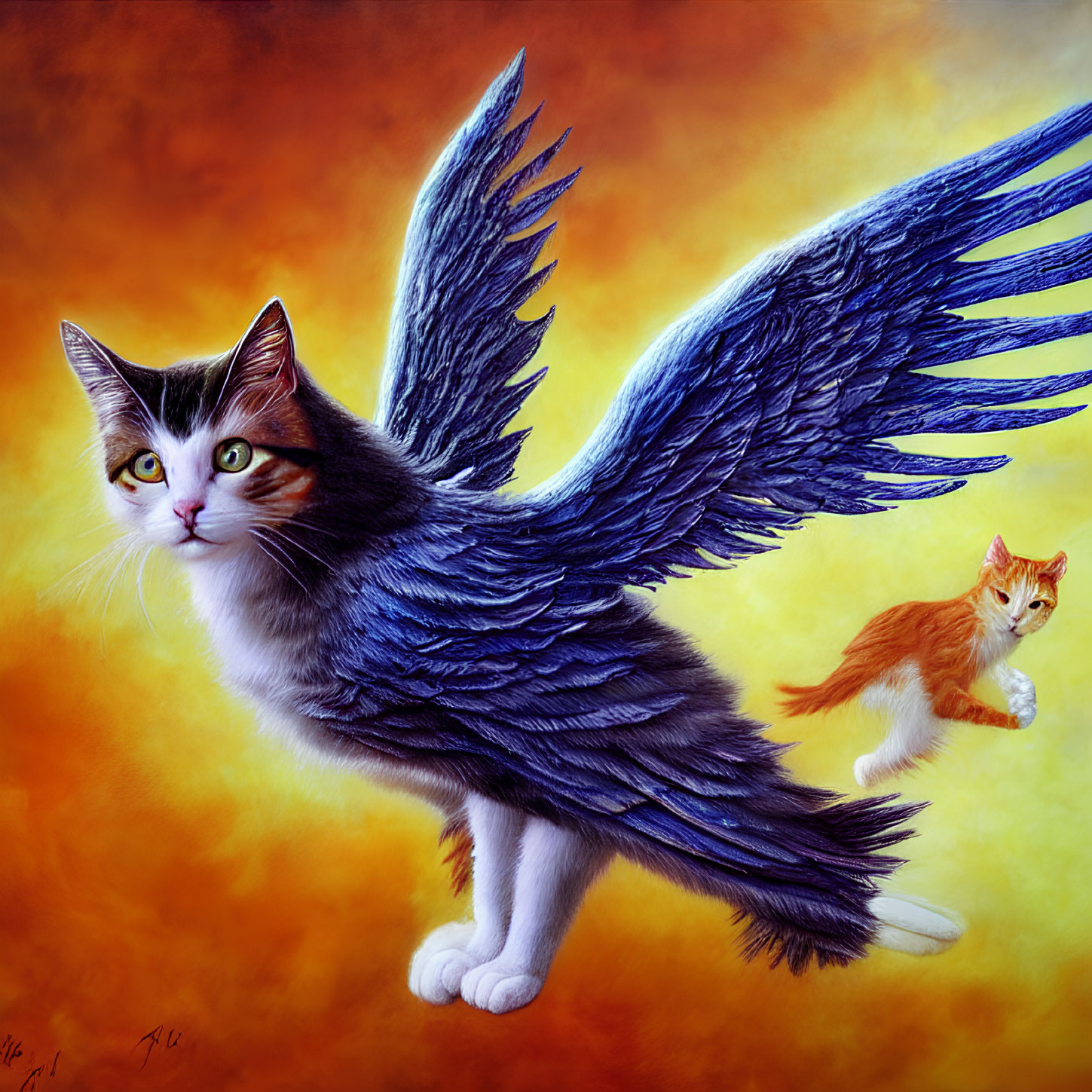 Fantastical painting of white cat with blue wings on fiery orange background