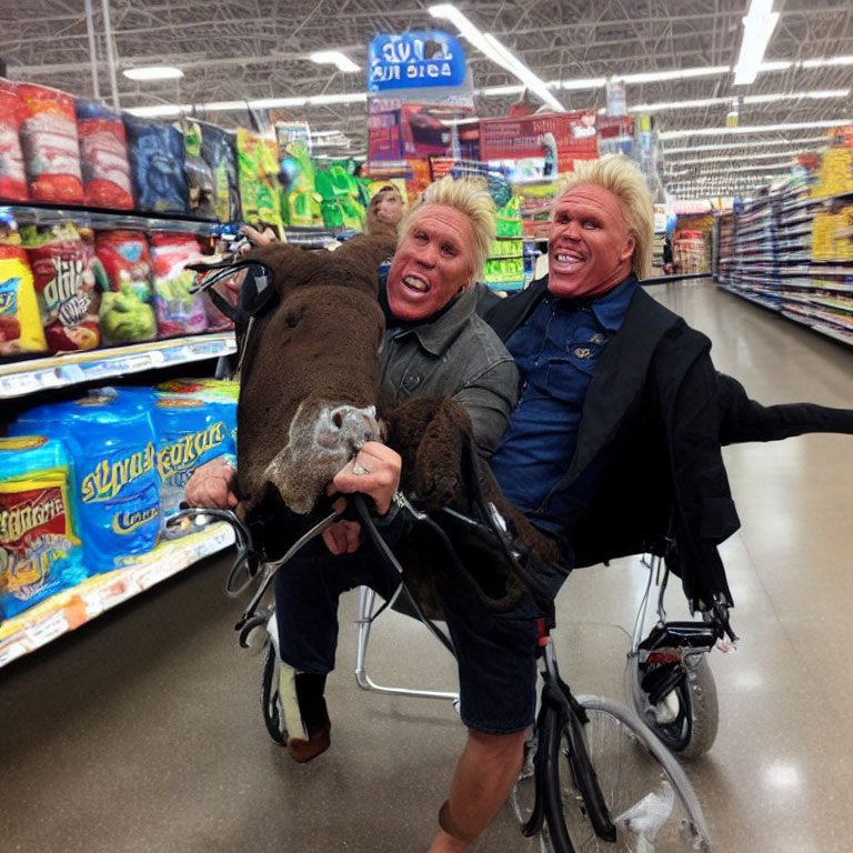 Similar-looking pair on animal-themed tandem bike in supermarket aisle