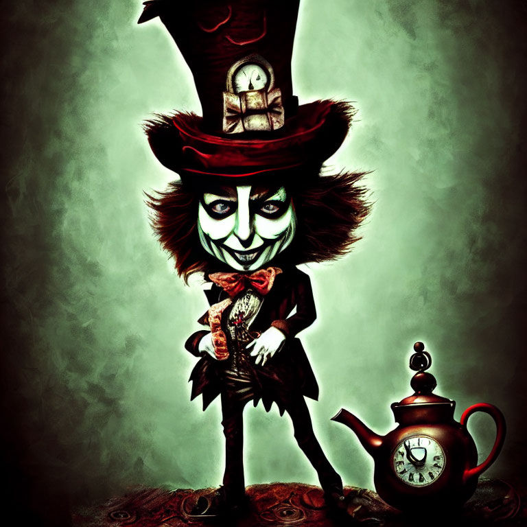 Whimsical Mad Hatter Illustration with Clock Hat and Teapot
