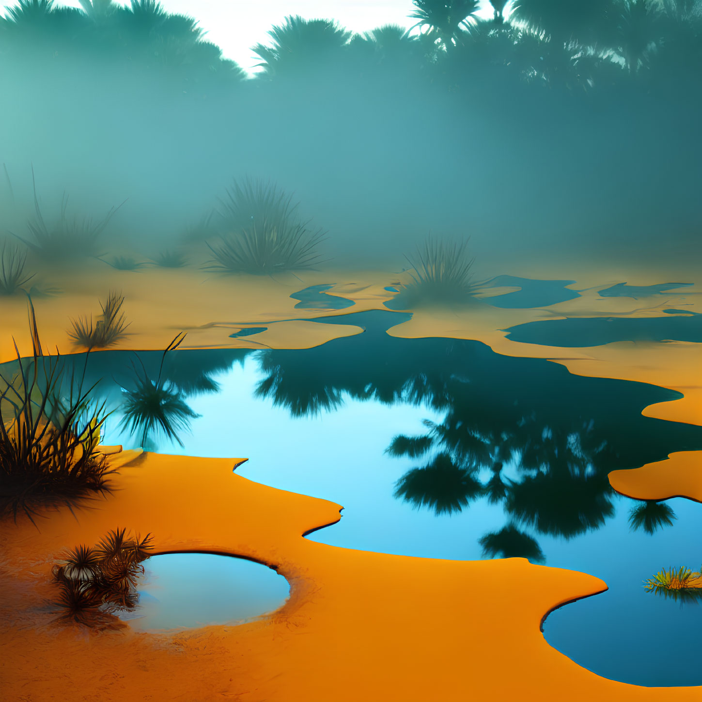 Golden sand, blue water, and green foliage in surreal landscape