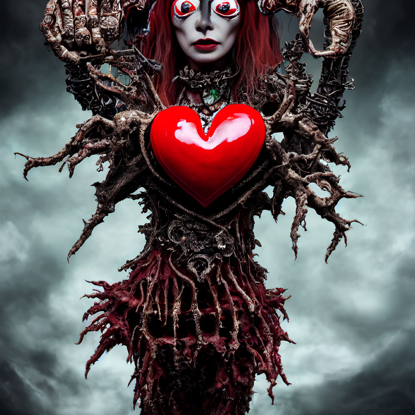 Gothic figure with red eyes and heart in eerie setting