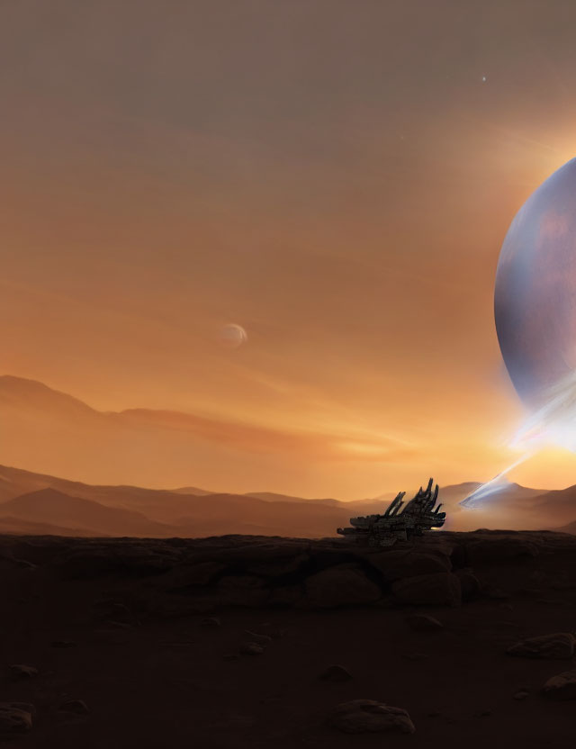Spacecraft lands on barren rocky alien terrain under hazy sky