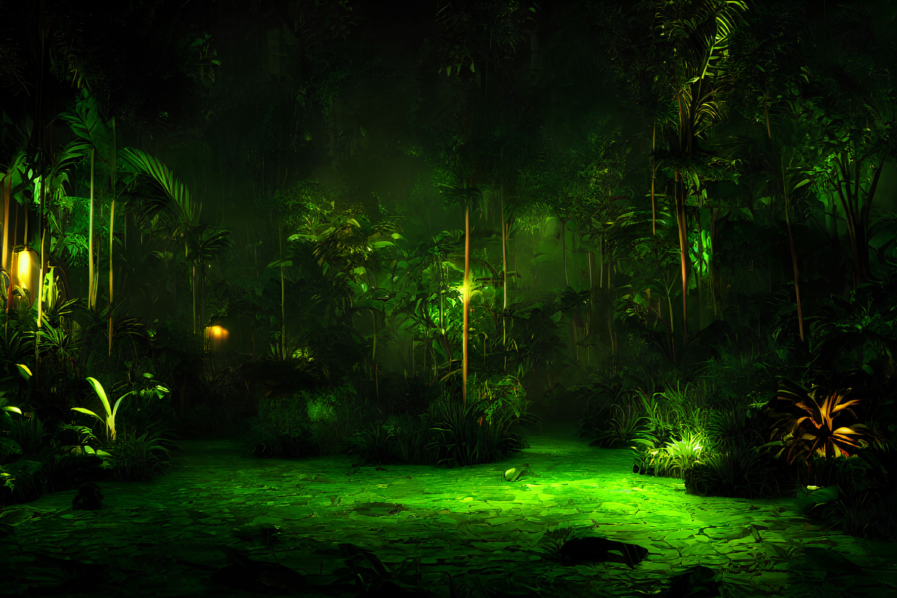 Dark forest at night with glowing green lights and thick foliage