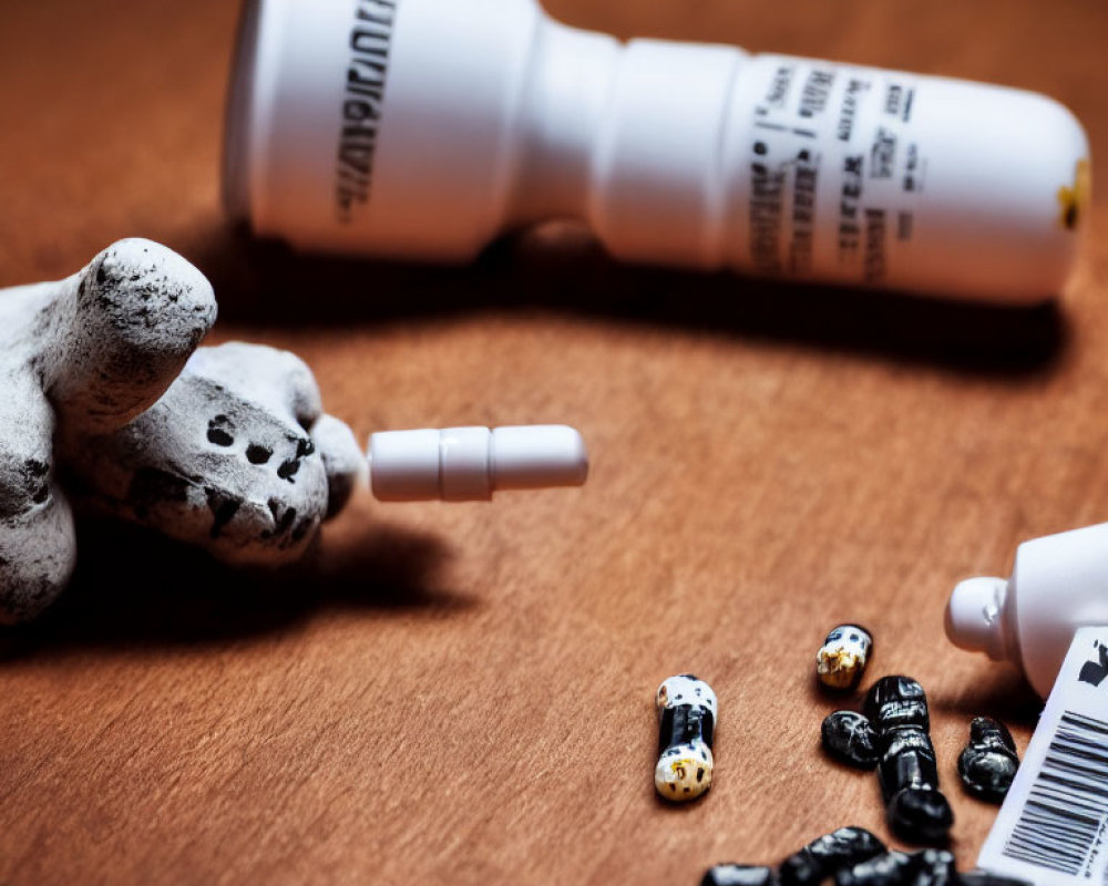 Toppled white pill bottle with scattered capsules and ceramic dog figurine on wooden surface