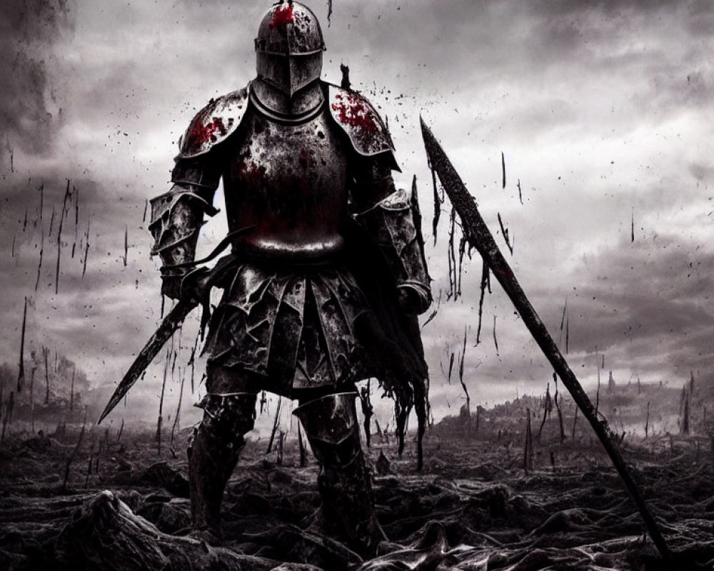 Bloodstained knight in full armor on battlefield with spear under cloudy sky