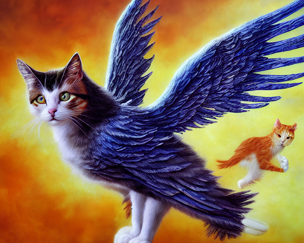 Fantastical painting of white cat with blue wings on fiery orange background