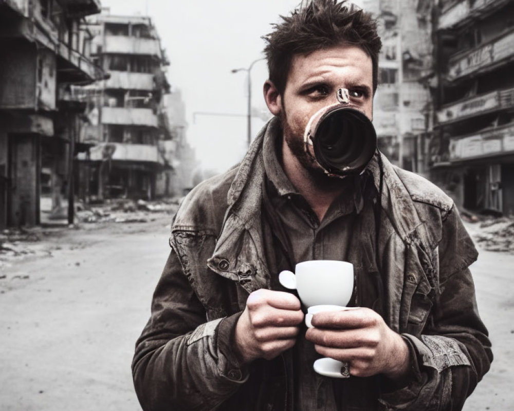 Man with disheveled hair and gas mask holding cup in desolate street