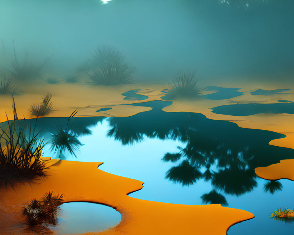Golden sand, blue water, and green foliage in surreal landscape