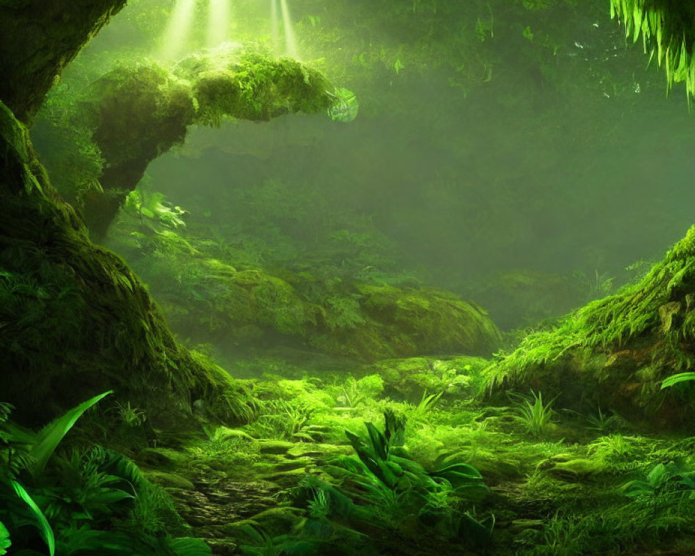 Sunlit Green Forest with Moss-Covered Ground & Verdant Foliage