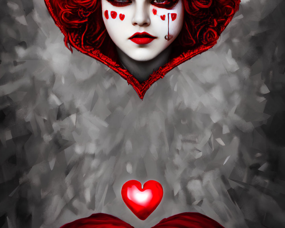 Person with Heart-Shaped Face Paint and Red Hood Portrait