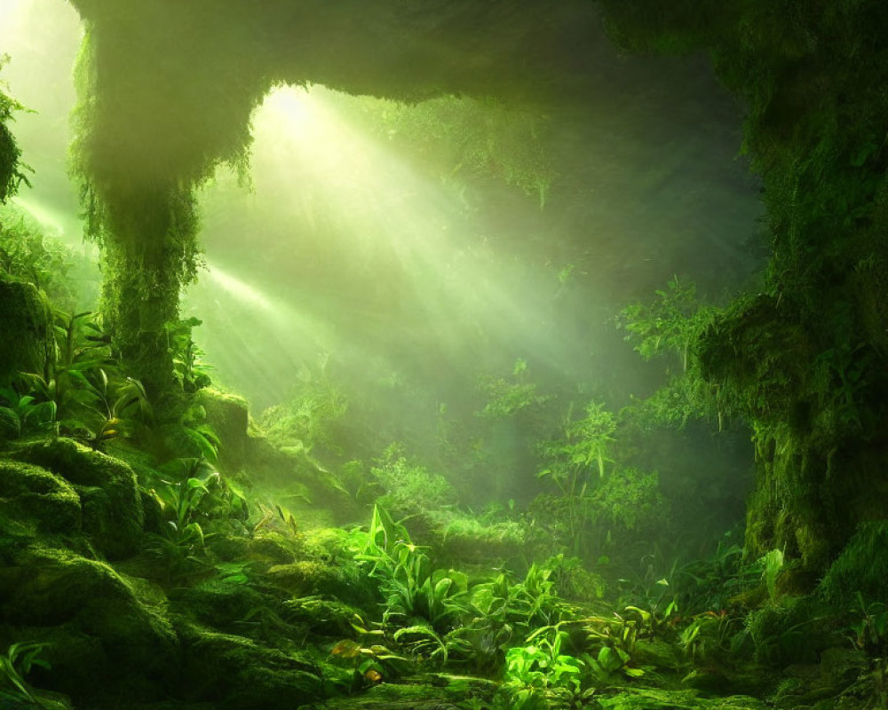 Tranquil moss-covered glade under sunlight in lush forest