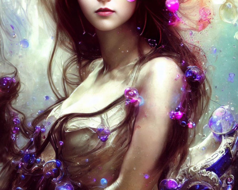 Vibrant illustration of woman with flowing hair and glowing bubbles