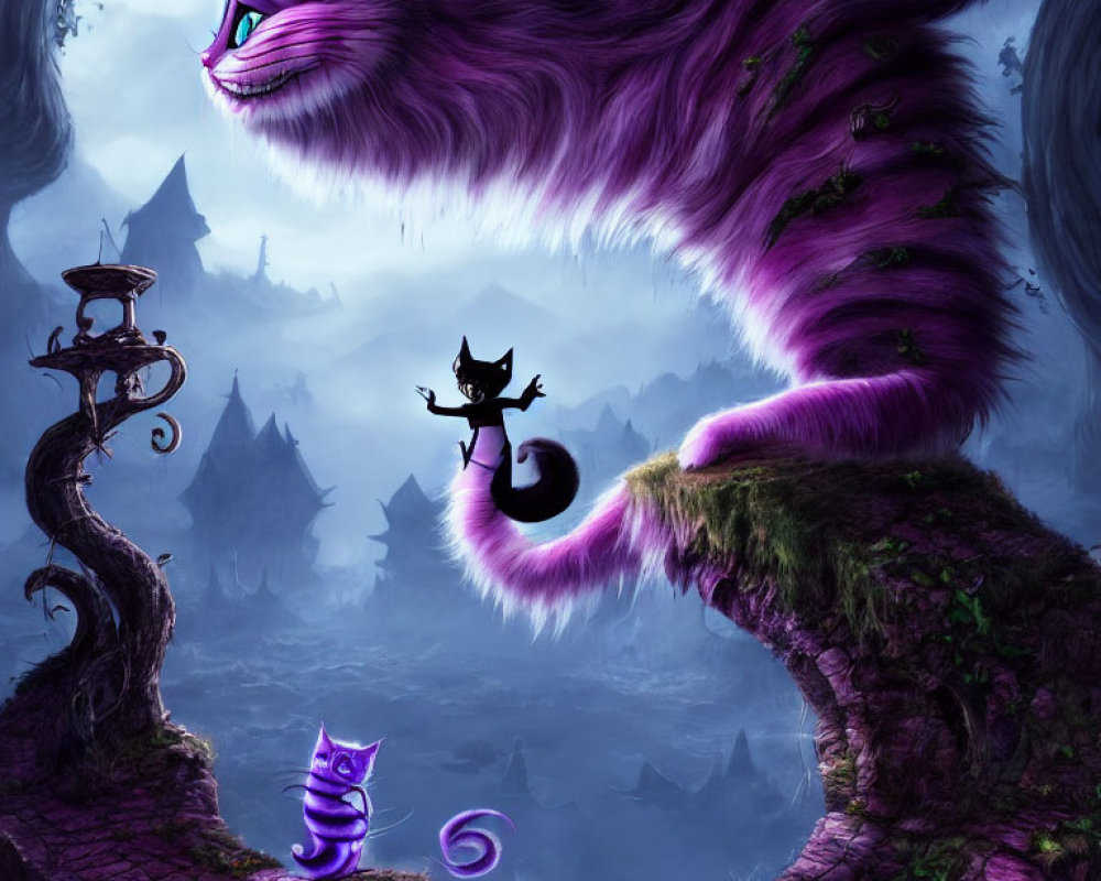 Whimsical purple Cheshire Cat in mystical landscape