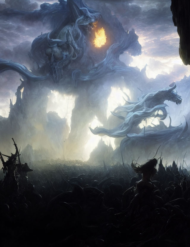 Dark Fantasy Landscape with Twisted Formations and Glowing Light