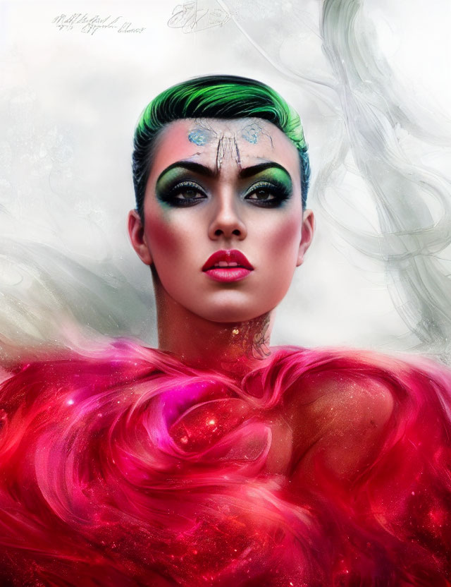 Vibrant green hair, dramatic makeup, flowing red garment in abstract smoky background