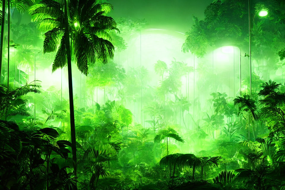 Lush green jungle with mist and palm trees under a nighttime sky