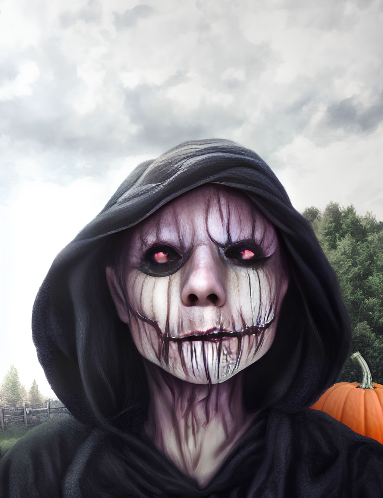 Hooded figure with skull face paint and red eyes